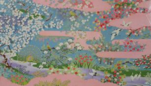 A Chinese woodblock print, exotic birds and blossom in a floral lakeland setting with hand gilded