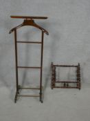 A vintage mahogany valet stand along with a bobbin turned wall hanging folding coat rack. H.110cm