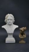 A marble bust of Beethoven and a gilt spelter bust of king Menelaus. H.28cm
