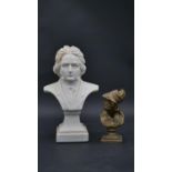 A marble bust of Beethoven and a gilt spelter bust of king Menelaus. H.28cm