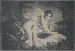 A large print on canvas of an antique Classical engraving depicting Leda and the Swan. H.155 W.223.