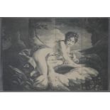A large print on canvas of an antique Classical engraving depicting Leda and the Swan. H.155 W.223.