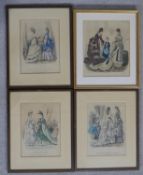 Four framed and glazed French antique hand coloured engravings of ladies is various dresses and