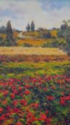 Paolo Bigazzi, an oil on board, a field of poppies with distant landscape, signed verso, in