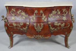 A 19th century French style kingwood bombe commode with shaped marble top and all over scrolling
