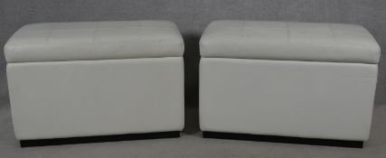 A pair of contemporary ottomans in buttoned faux leather. H.63 L.97 W.51cm