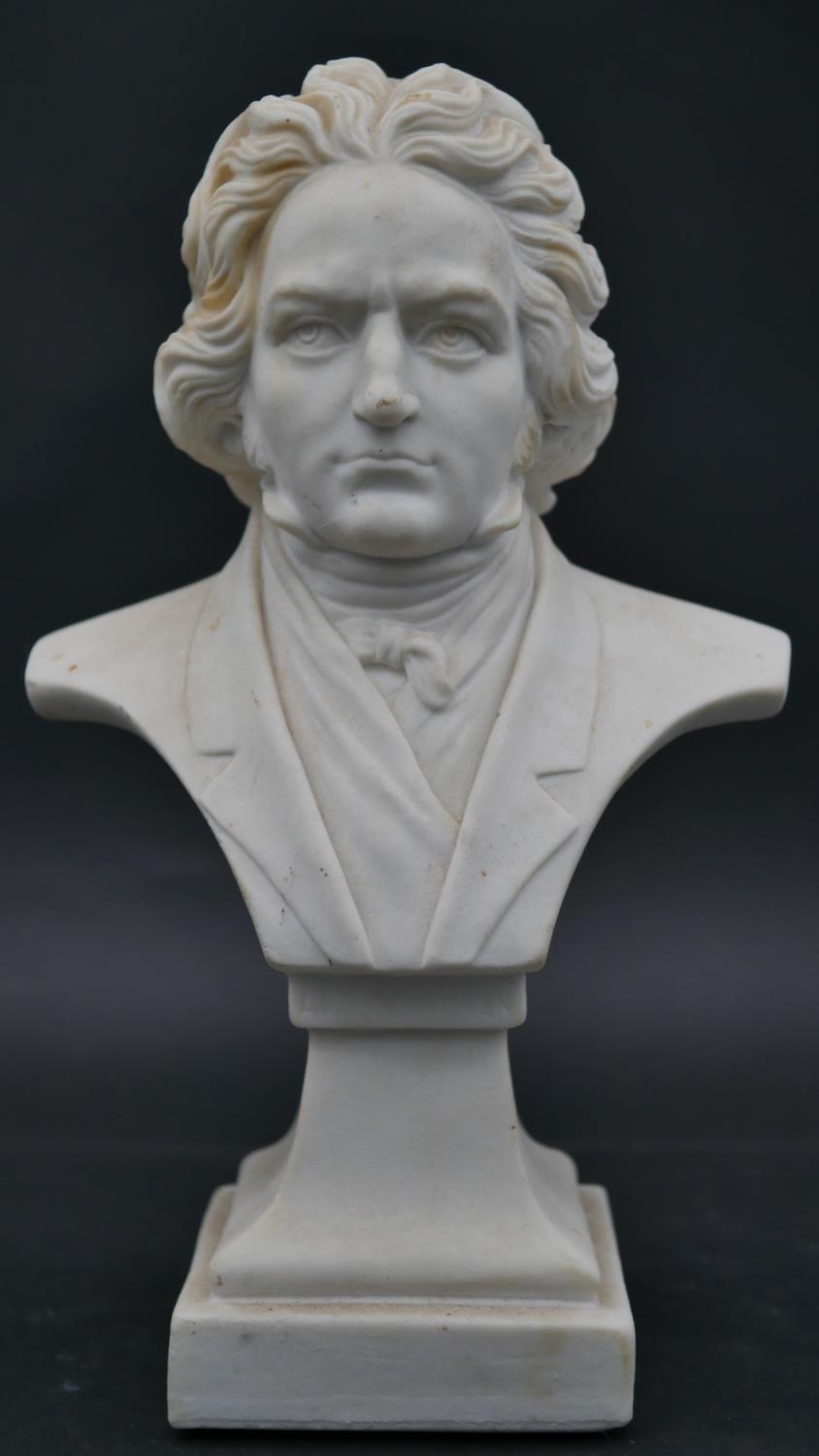A marble bust of Beethoven and a gilt spelter bust of king Menelaus. H.28cm - Image 2 of 6