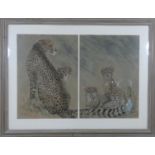 A framed and glazed pastel dyptich study of a cheetah and her cubs by Bella Prideaux, signed