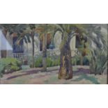 A watercolour, palms in a courtyard setting, signed Claudia Fourreau Segend, glazed in ornate gilt