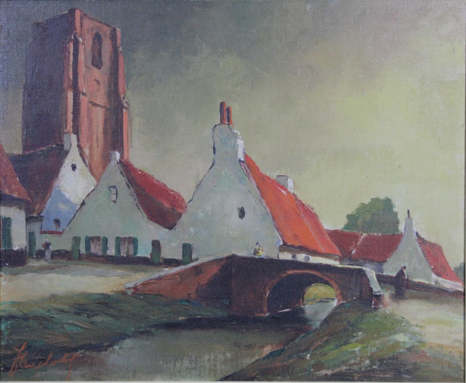 A framed oil on board, village scene, indistinctly signed and inscribed. H.68 W.78cm