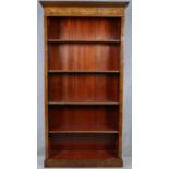 A 19th century style burr elm floor standing open bookcase with satinwood swag inlaid frieze on