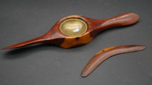 A vintage Australian hardwood propeller with inset brass bowl to the centre and a miniature