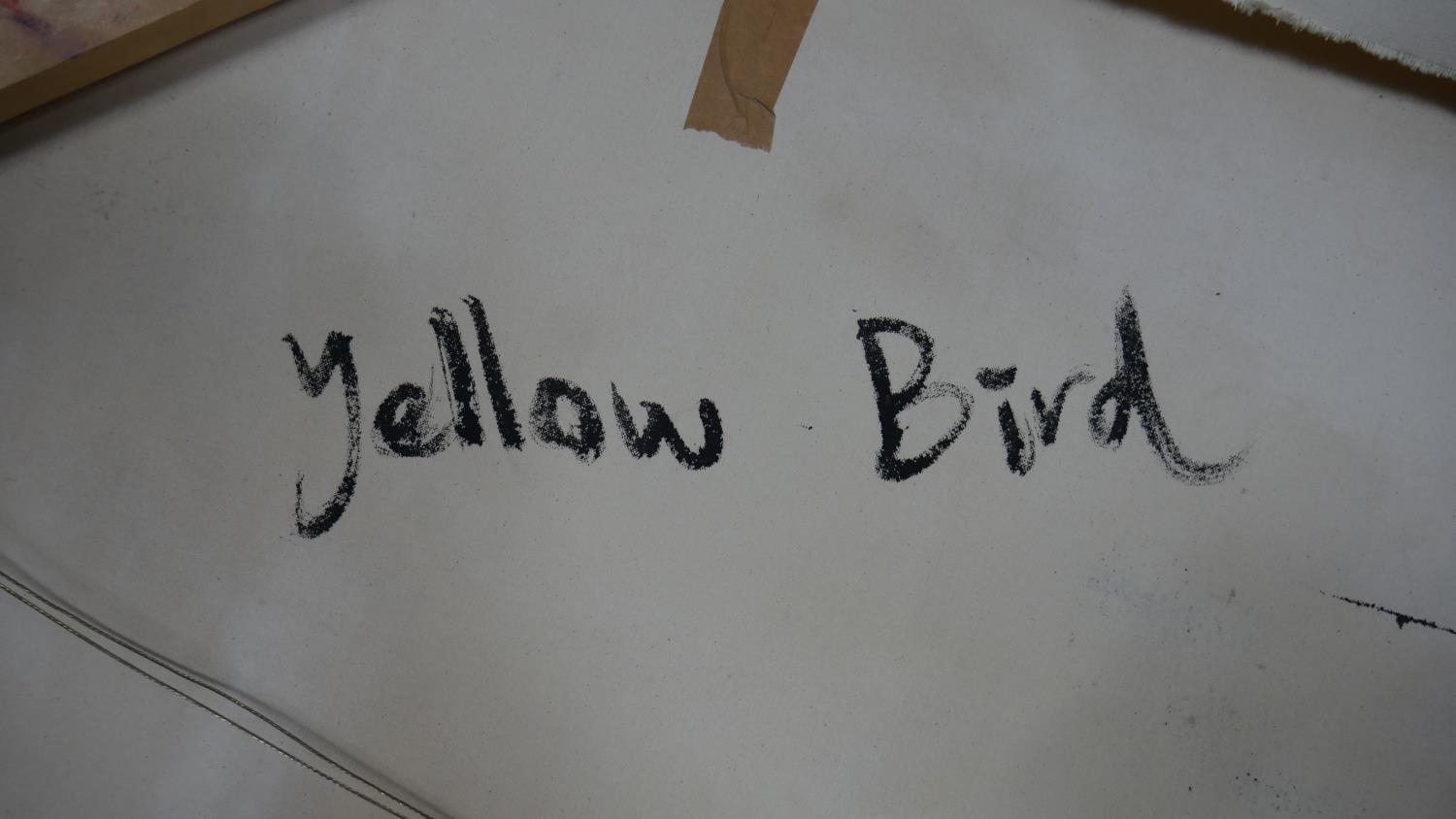An oil on canvas, abstract composition, titled Yellow Bird and signed Lay to the reverse. H.183 W. - Image 5 of 6