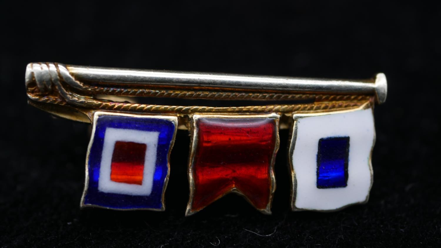 A 9ct signal flag sweetheart brooch, spells SBW, each flag enamelled. Hallmarked JWB, Birmingham, - Image 2 of 4