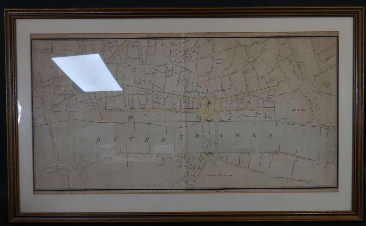 A framed and glazed antique architect's map showing 'The Plan of the Proposed Double Bridge and - Image 2 of 8