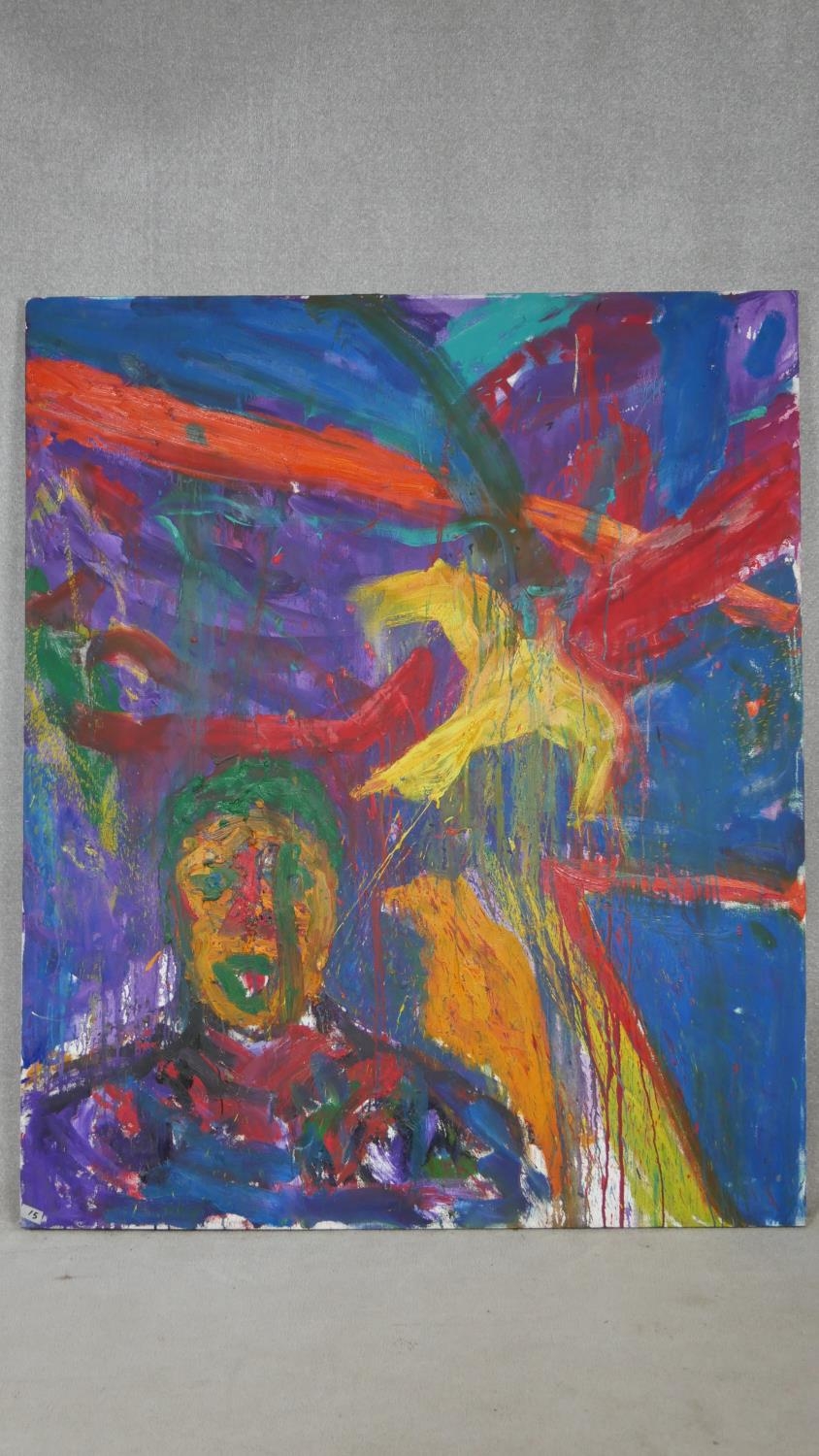 An oil on canvas, abstract composition, titled Yellow Bird and signed Lay to the reverse. H.183 W. - Image 2 of 6