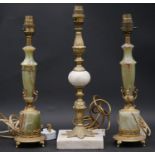 A pair of vintage onyx and brass table lamps and a similar single table lamp. H.37.5cm