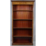 A 19th century style burr elm floor standing open bookcase with satinwood swag inlaid frieze on