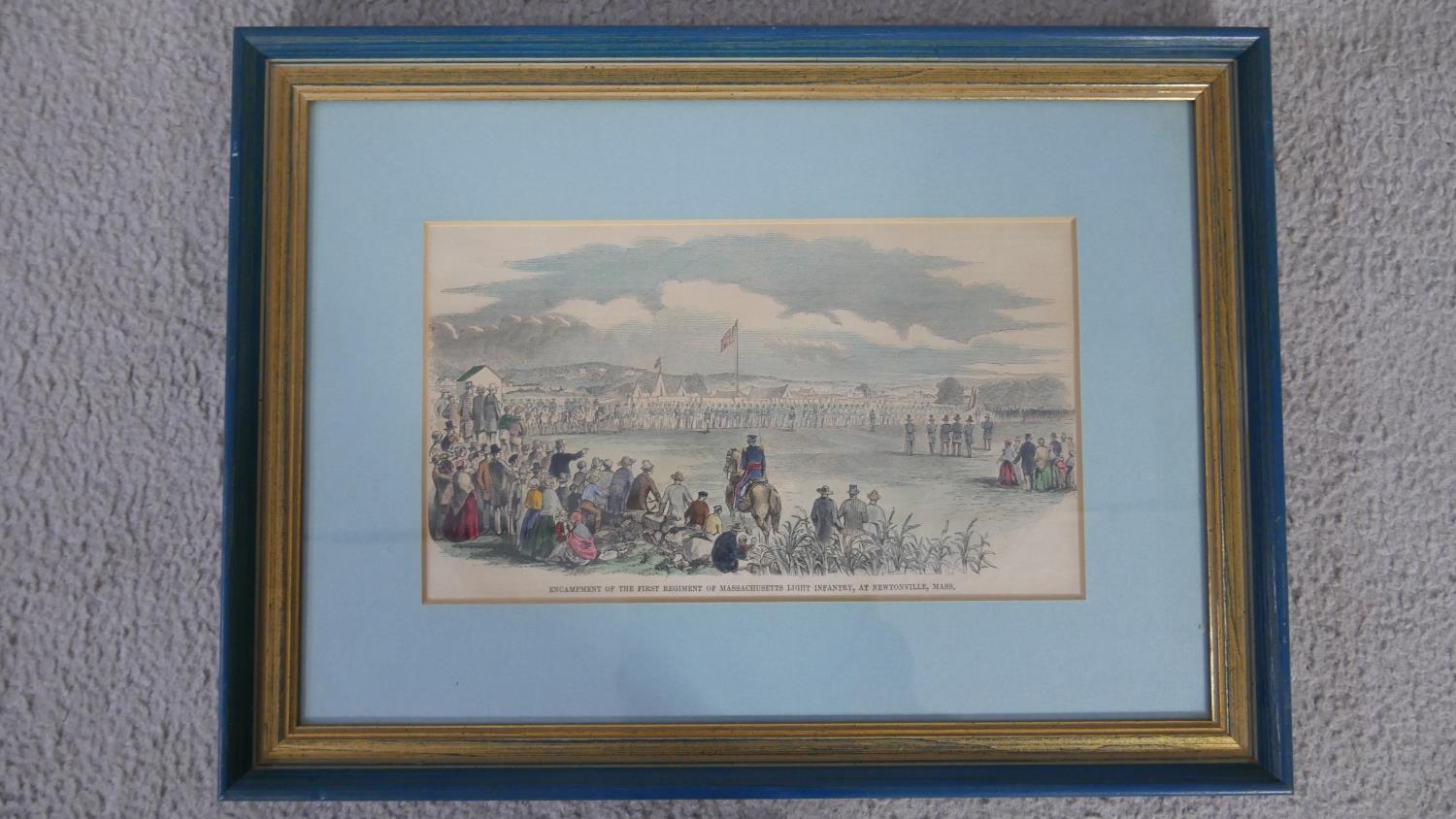 Two framed and glazed antique hand coloured military engravings. One of various styles of French - Image 3 of 9