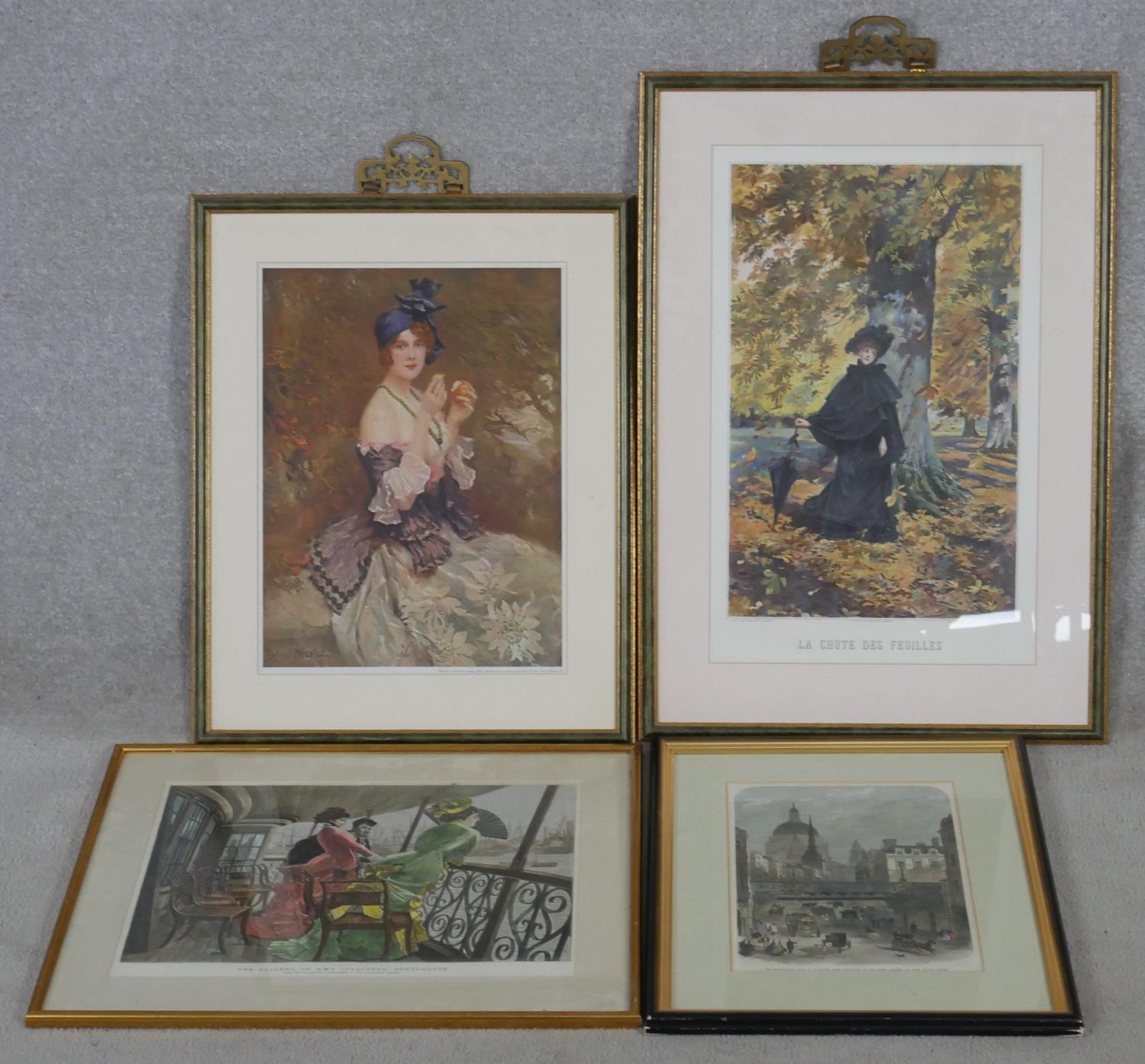 Four framed and glazed coloured prints. Including a hand coloured engraving of the gallery of the