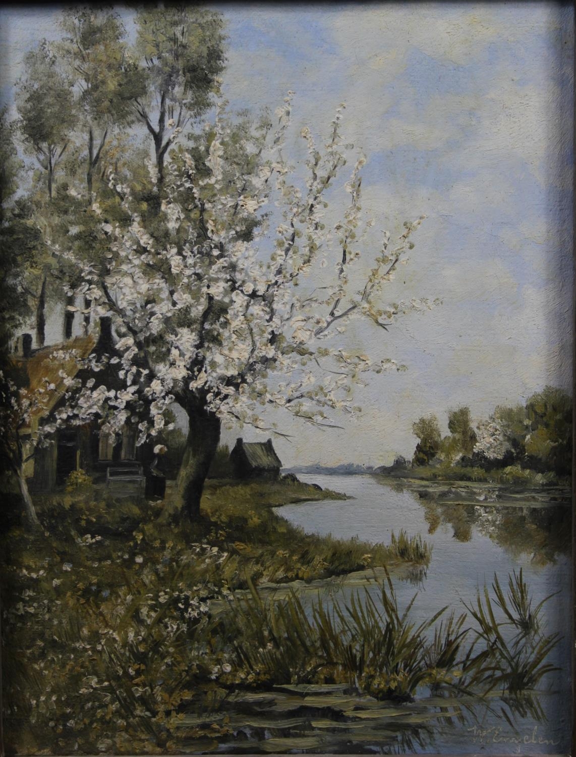 A gilt framed oil on canvas, riverscape, signed W Engelen with dedication label to the reverse. H.50