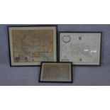 Three framed and glazed hand coloured maps. A modern reproduction of a map from the survey of Philip