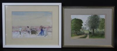 A watercolour, stylised late Victorian promenade scene with figures and another watercolour, rural