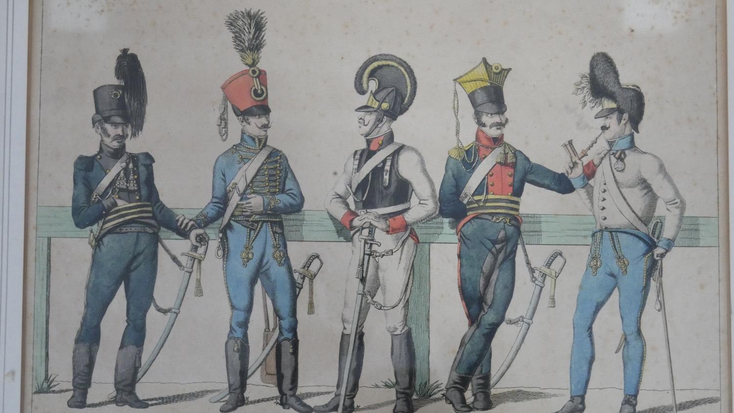 Two framed and glazed antique hand coloured military engravings. One of various styles of French - Image 6 of 9