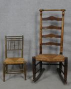 A late 19th century Sussex style child's chair and a 19th century elm ladderback rocking chair. H.