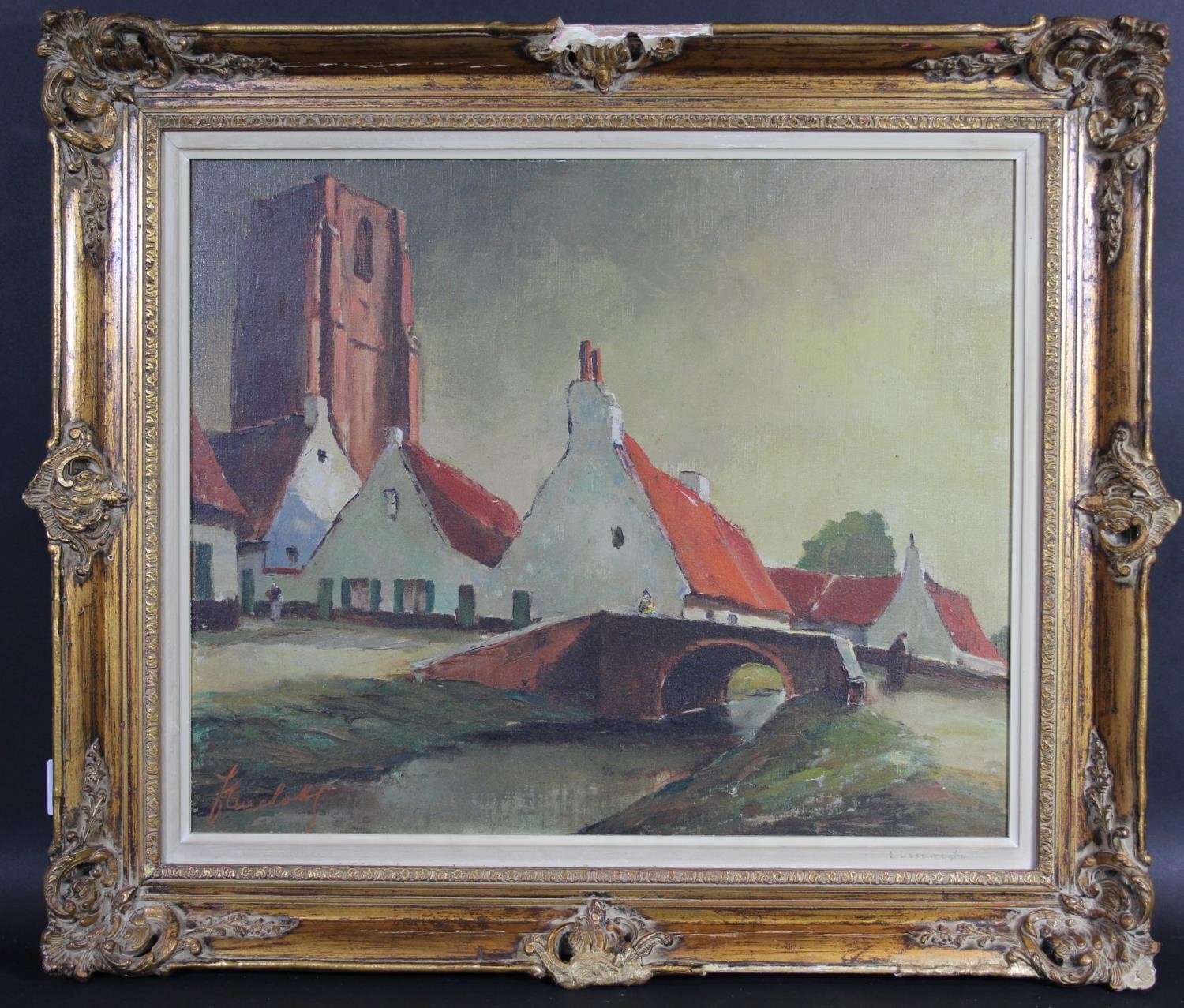 A framed oil on board, village scene, indistinctly signed and inscribed. H.68 W.78cm - Image 2 of 8