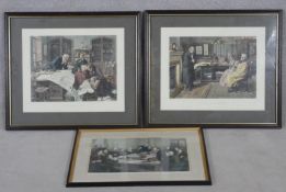 Three framed and glazed antique hand coloured engravings. A Cabinet Council at the Foreign Office,