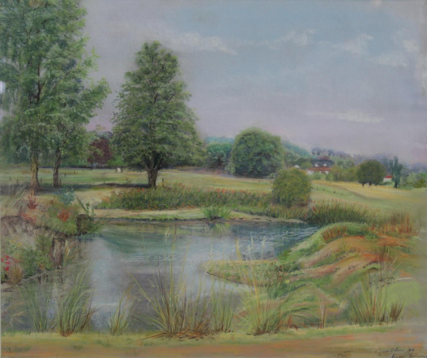 A framed and glazed pastel, pond in a landscape, indistinctly signed and dated. H.61 W.71cm - Image 2 of 6