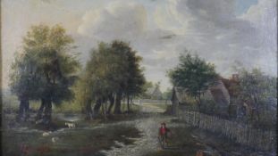 An early 19th century oil on panel, figures in a rural landscape, unsigned in an ornate giltwood and