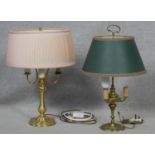 A vintage brass triple branch table lamp and another similar example. H.57cm