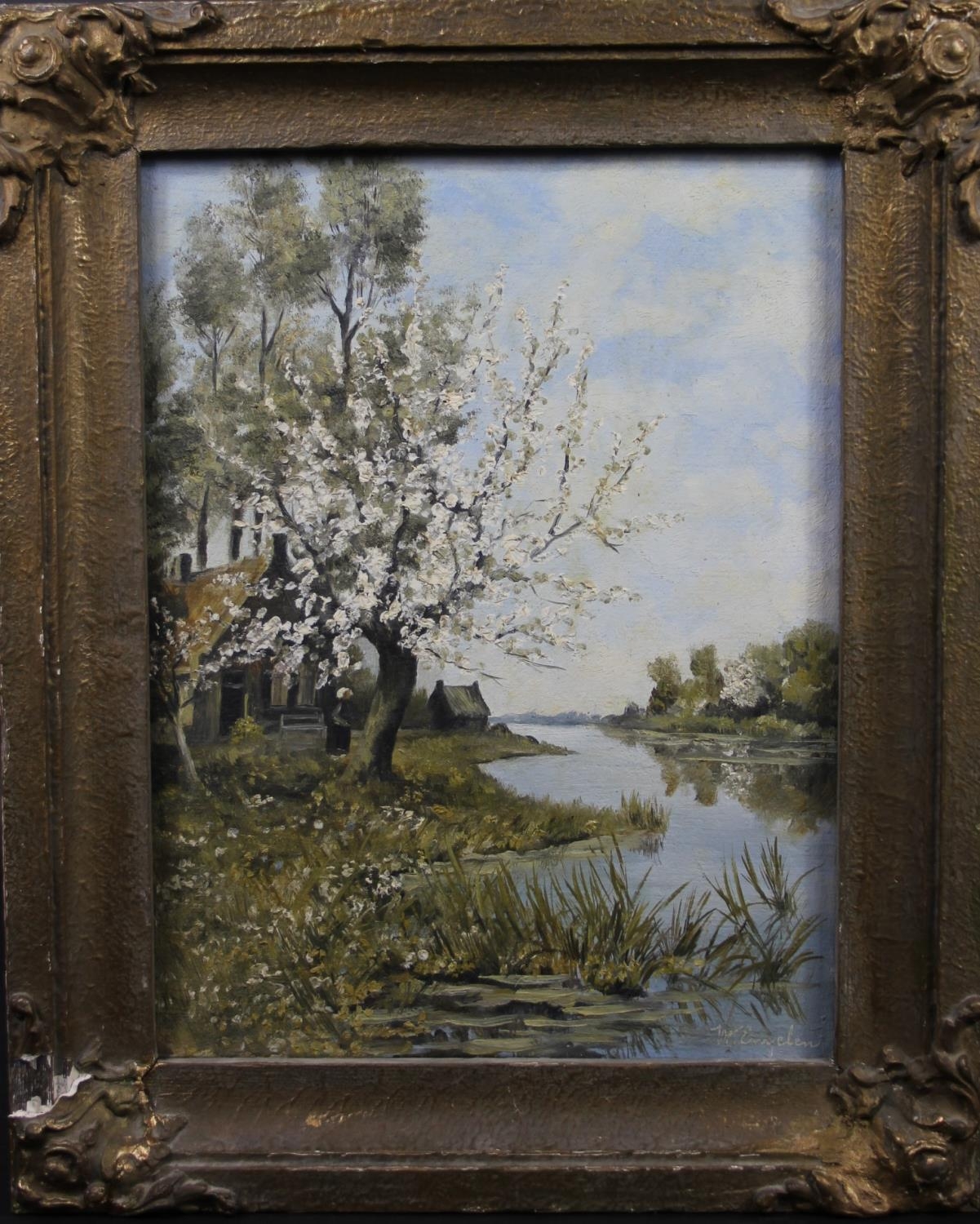 A gilt framed oil on canvas, riverscape, signed W Engelen with dedication label to the reverse. H.50 - Image 2 of 7