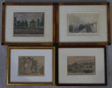 Four antique hand coloured engravings of various places of interest. The magnetic clock,