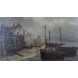 A C.1900 unframed oil on canvas, harbour setting with figures on fishing boats. H.61.5 W.92cm