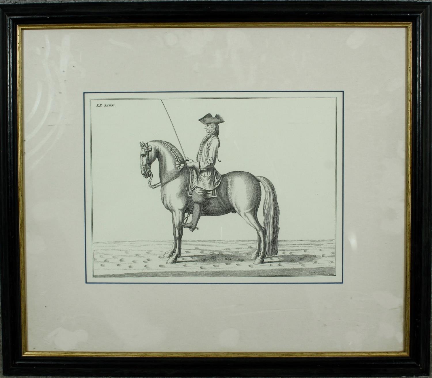 A framed and glazed antique engraving of La Sage engraved by Bernard Picart (1673-1733). H.45 W.52cm