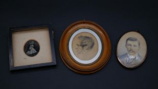 Two 19th century oval watercolour miniature portraits and a framed daguerreotype. H.17 W.14cm (