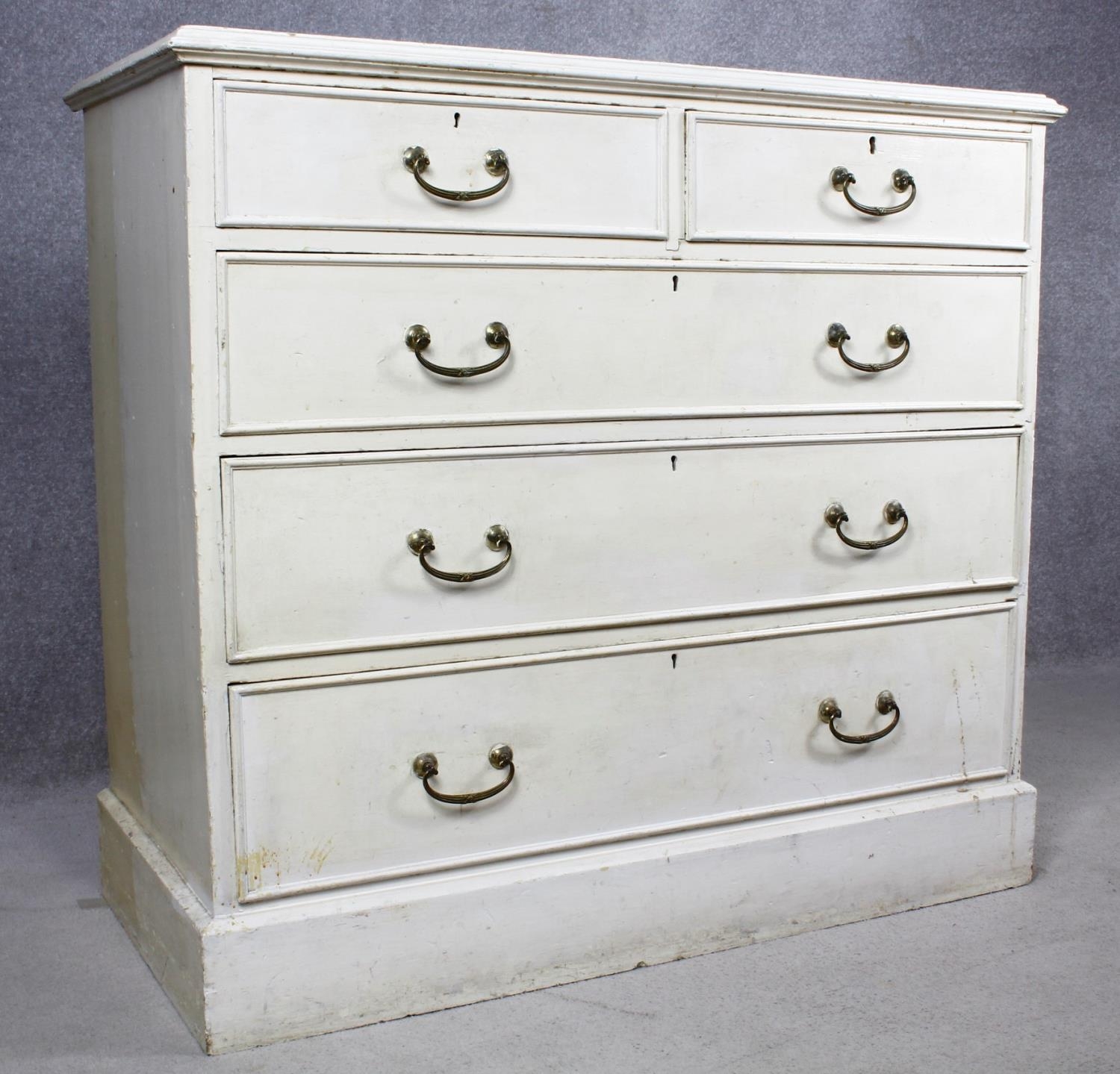 A 19th century later painted chest of two short over three long drawers on plinth base. H.87 W.104 - Image 2 of 14