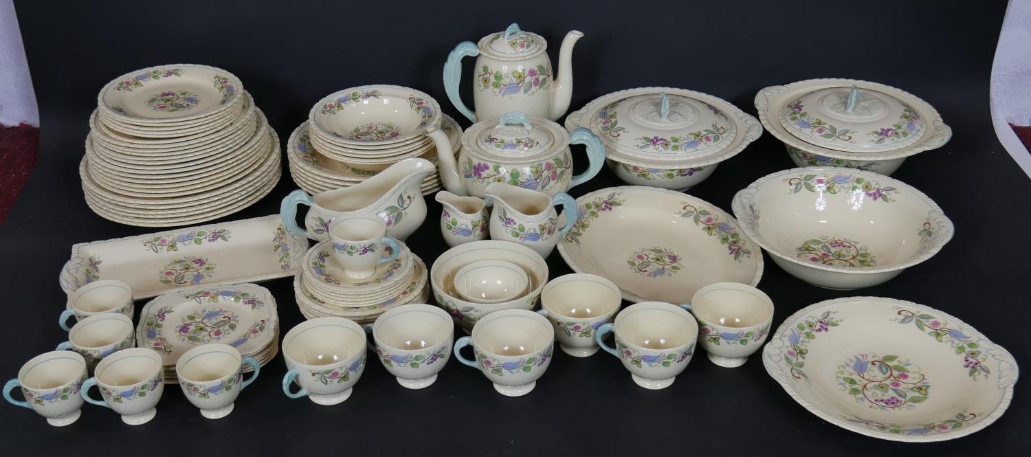 A complete six person New Hall, Hanley Staffordshire dinner service with pale blue accents and