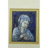 A framed and glazed watercolour with gilded highlights, a study of the Madonna, signed Gooday to the