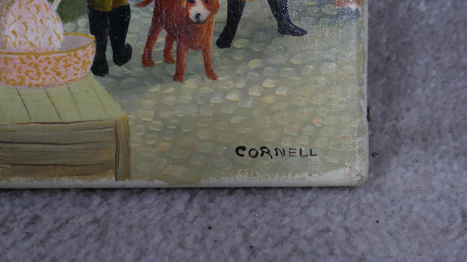 Pamela Cornell (1928-1987), unframed oil on canvas, East End Market, signed bottom right and signed, - Image 2 of 5