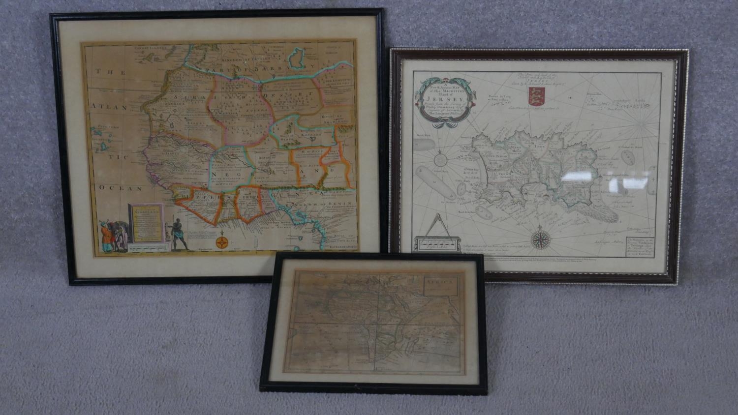 Three framed and glazed hand coloured maps. A modern reproduction of a map from the survey of Philip