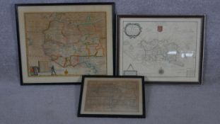 Three framed and glazed hand coloured maps. A modern reproduction of a map from the survey of Philip
