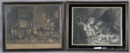 Two framed and glazed antique engravings of Teniers Kitchen and a classical scene of angels around