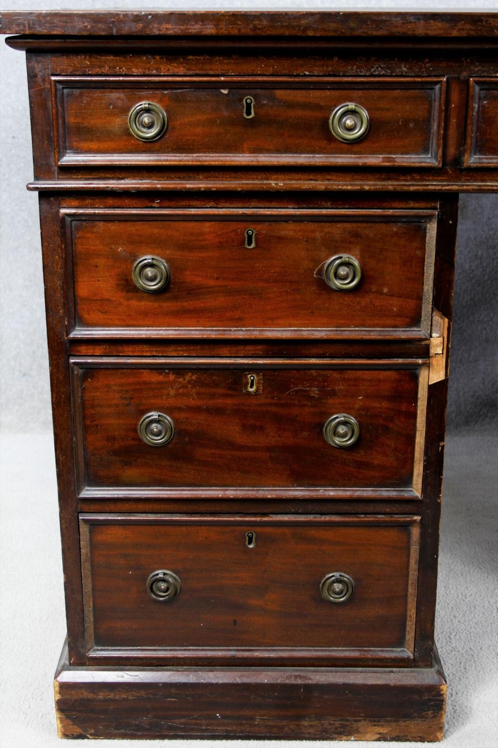 A 19th century three part mahogany pedestal desk with an arrangement of nine drawers on plinth base. - Image 7 of 14