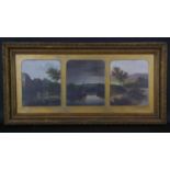 Charles Greville Morris (1861?1922). A gilt framed and glazed oil on board triptych, Sunrise, sunset