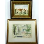 A watercolour of a park setting signed Olive Dring and another watercolour of a medieval manor