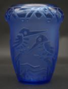An Art Deco Muller Freres, Luneville ovoid cut blue cameo glass vase with kingfisher and foliate